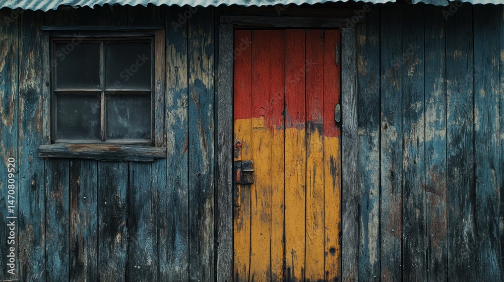 A weathered building facade with a bright door and small window A weathered building facade with a bright door and small window