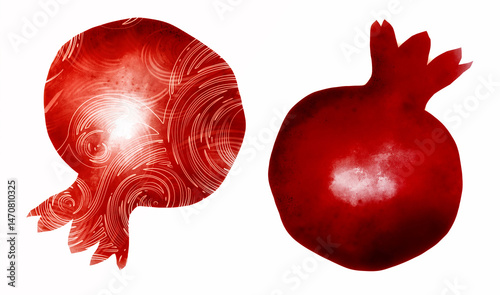 Boho fantasy pomegranate set. Hand drawn fruit silhouettes with watercolor texture and ornamental patterns. Mixed media illustration for textile, packaging, stationery, decoupage, prints, design.