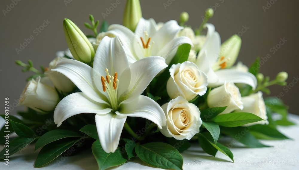 Elegant white lilies and roses funeral arrangement Peaceful, somber tribute , design, funeral Elegant white lilies and roses funeral arrangement Peaceful, somber tribute , design, funeral