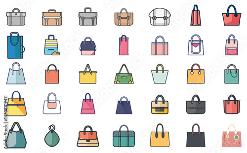 Assorted Stylish Handbags Collection, Flat Design Icon Set on White Background