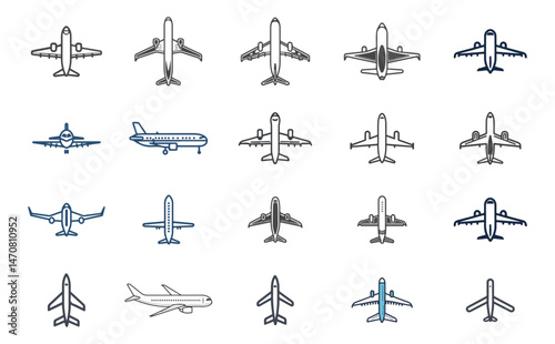 Aviation Icons Set, Airplane Outlines On Transparent Background