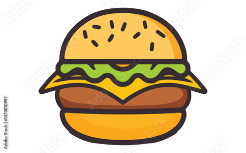 Burger with Sesame Seed Bun, Patty, Cheese, and Lettuce on Transparent