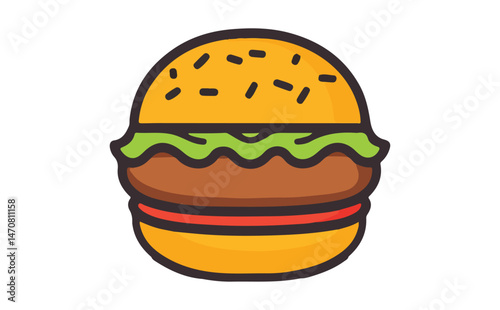 Cheeseburger Icon with Lettuce, Tomato, and Brown Bun on Transparent Background