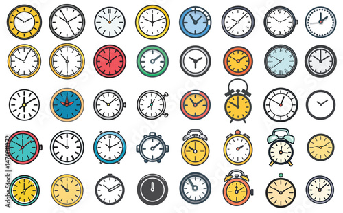 Diverse Colorful Cartoon Clock Set Vector, Wall Clocks and Alarm Clocks on White