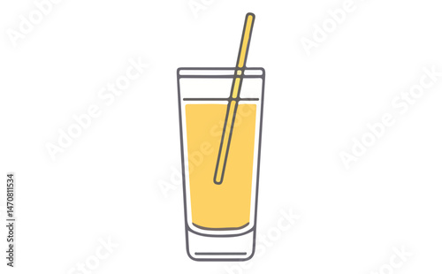 Fresh Yellow Juice in Glass with Straw on White Background