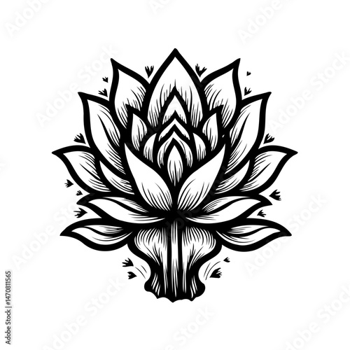Elaborate monochromatic lotus blossom design signifying purity and enlightenment