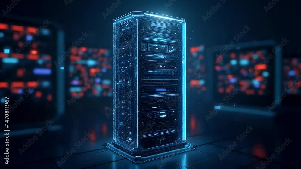 Futuristic data center with glowing server rack illuminated by neon lights, showcasing technology in a digital environment