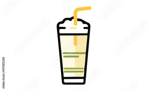 Smoothie with Yellow Straw, Cream Topping and Green Accents on White
