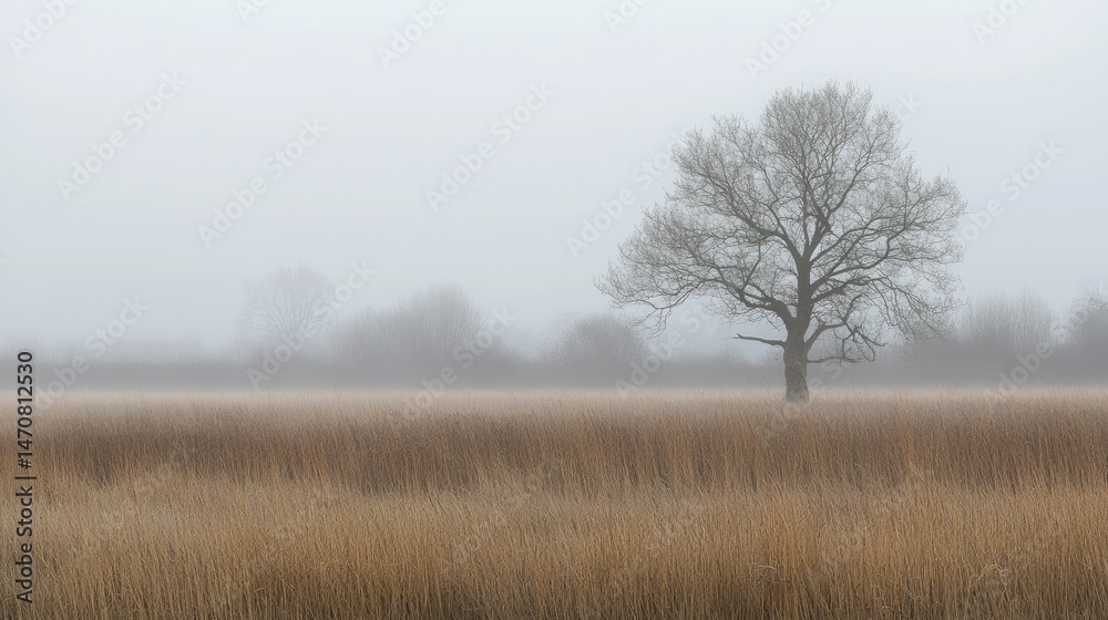 Lone tree stands in a field on a foggy day Lone tree stands in a field on a foggy day