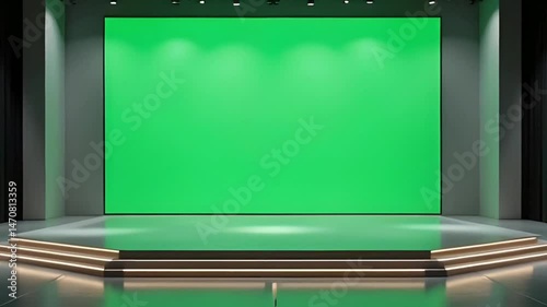 Motion Empty stage Design for mockup and Corporate identity,Display.Stage green screen in hall.Blank screen for Graphic Resources.Scene event led night light staging, Generative AI