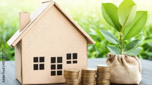 Cardboard house model, coin stacks, and plant in burlap bag symbolize sustainable housing and investment growth