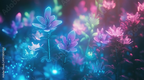 Enchanted, glowing flora in vibrant neon hues