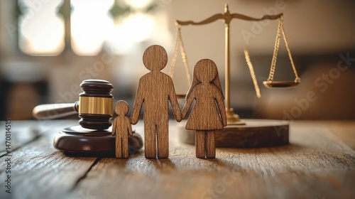 Wooden family figures holding hands beside a judge's gavel and scales of justice on a wooden surface symbolizing family law and justice