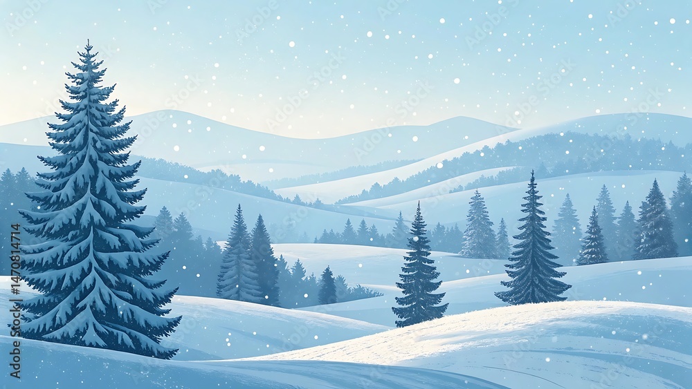Fototapeta premium Winter wonderland, snowy hills and pine trees.