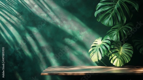 Minimalist dark green textured wall with monstera leaf shadows, elegant and modern background for branding and product display
