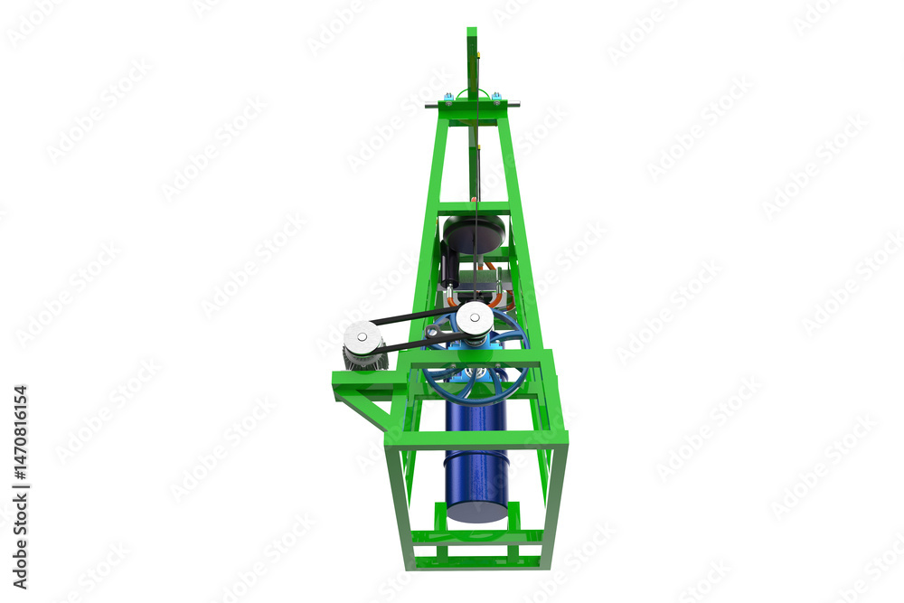 Obraz premium Stirling Engine with Heat Source and Power Output Mechanism Working with Pulleys and Motor Visible Mechanical Components on a PNG Transparent Background 