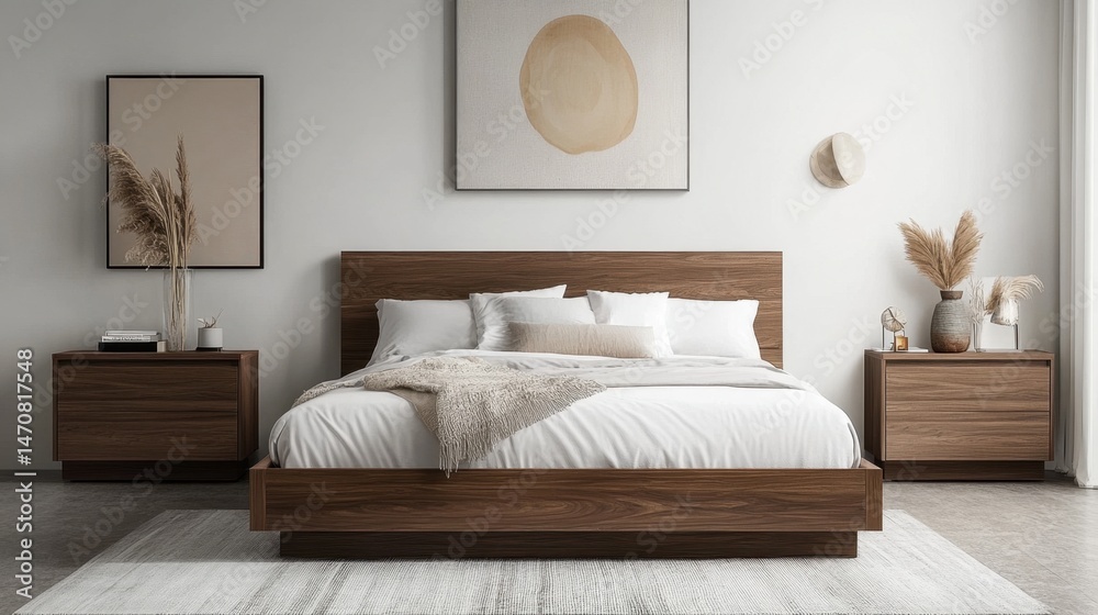 Fototapeta premium Contemporary bedroom with walnut bed frame, clean linens, and matching wooden nightstands