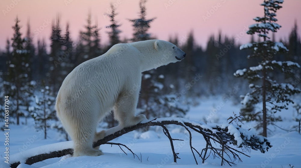 Obraz premium A majestic polar bear perched on a snowy branch with the forest in background