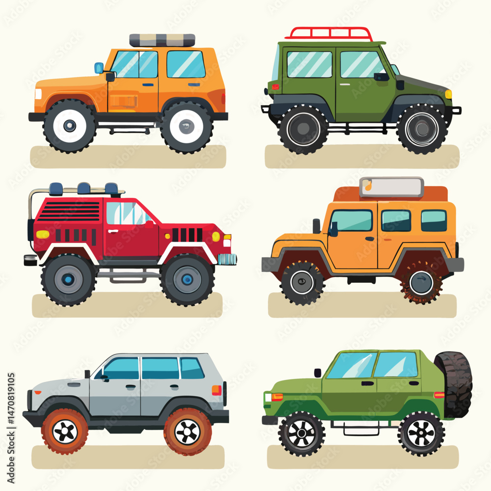 Nine classic off road vehicle arranged on white background Nine classic off road vehicle arranged on white background