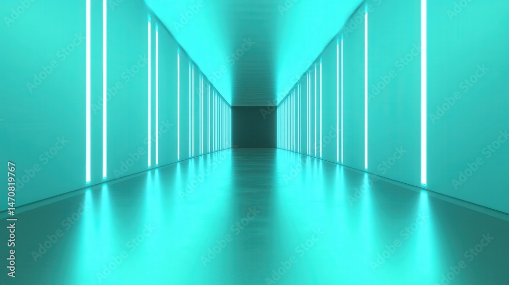 Fototapeta premium Abstract Futuristic Cyan Neon Lit Tunnel Corridor