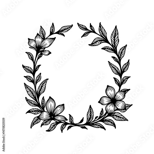 Elegant floral circle frame with magnolia and leaves, botanical vintage style