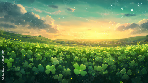Celebrating patrick day in nature's embrace lush green clover landscape. [Lunar Botanica] | Luminleaf Sprout | radiant green. Illustration