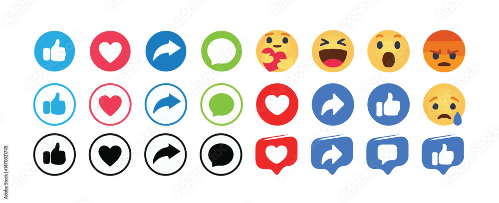 Social media Reaction Emoji Buttons Colorful Icon Set. Social Media Emoticon Icons Collection.Vector Illustration eps 10. Social media Reaction Emoji Buttons Colorful Icon Set. Social Media Emoticon Icons Collection.Vector Illustration eps 10.