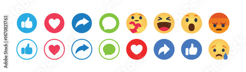 Social media Reaction Emoji Buttons Colorful Icon Set. Social Media Emoticon Icons Collection.Vector Illustration eps 10.
