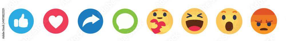 Fototapeta premium Social media reaction icon.Like, love, heart, thumb up, comment, share, button sign in circle and speech bubble shapes, emoji post reactions, set social media notification.vector illustration eps 10.