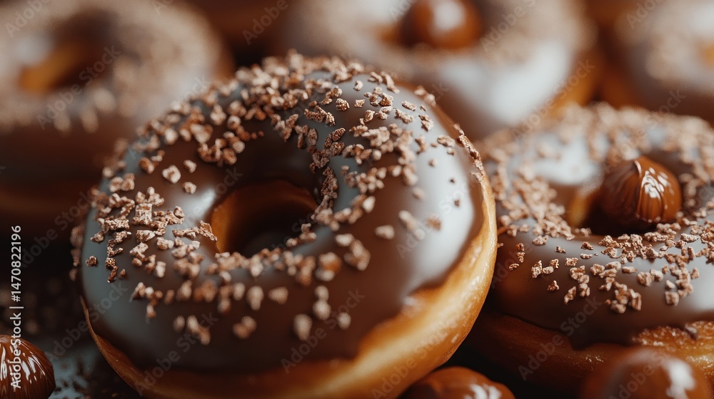 Several delicious chocolate glazed donuts with various tasty toppings are presented Several delicious chocolate glazed donuts with various tasty toppings are presented