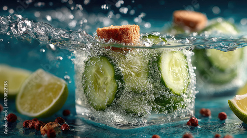 Refreshing cucumber drink in ice cubes
