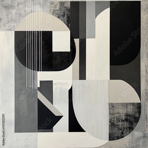 Abstract geometric art, layered shapes in grayscale