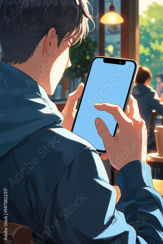 AI Generative.  Anime style close-up illustration from behind of a young man holding a smartphone, his hands and fingers interacting with the blank screen. 12