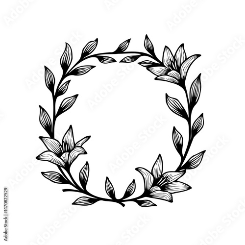 Floral botanical wreath design featuring lilies and delicate foliage illustration
