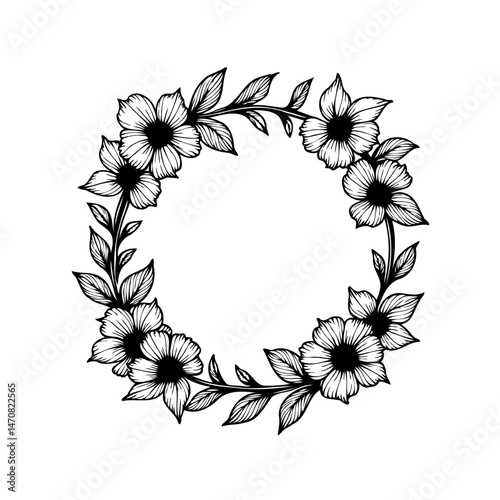 Elegant floral wreath illustration with intricate leaf and flower details