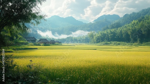 Idyllic countryside landscape showcasing a vibrant rice paddy field in Asia