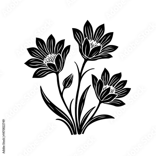 Elegant monochrome floral arrangement featuring blooming flowers, buds and stems