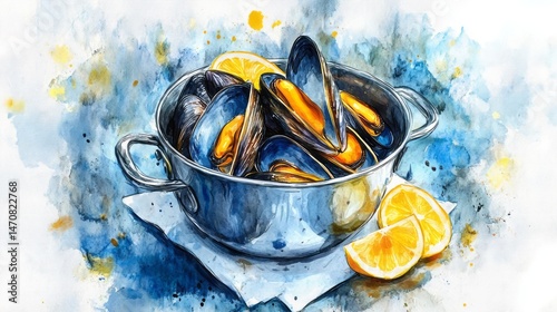 Hand-painted illustration of mussels in a pot with lemons.