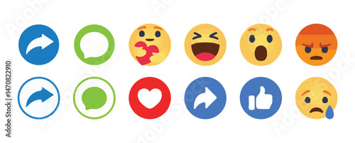 Facebook reactions. social media smiley emoji face ; thumb up icon, like, love, heart, care, haha, wow, sad, angry, emojis icon.notification icon.social media emoticon reactions collection set. 