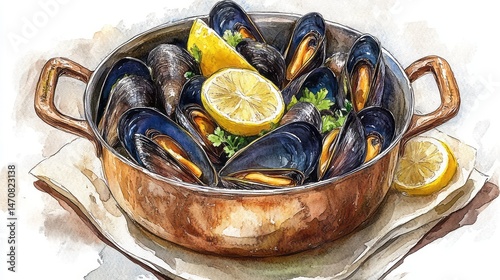 Hand-painted illustration of mussels in a copper pot.