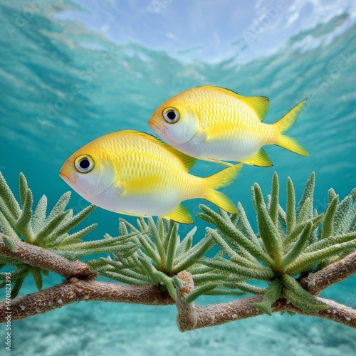 Dynamic underwater scene of young reef fish coral reef high-resolution photography tropical ocean vibrant colors photo
