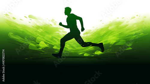 Professional black silhouette of a person running on vibrant green background for sports and fitness concepts