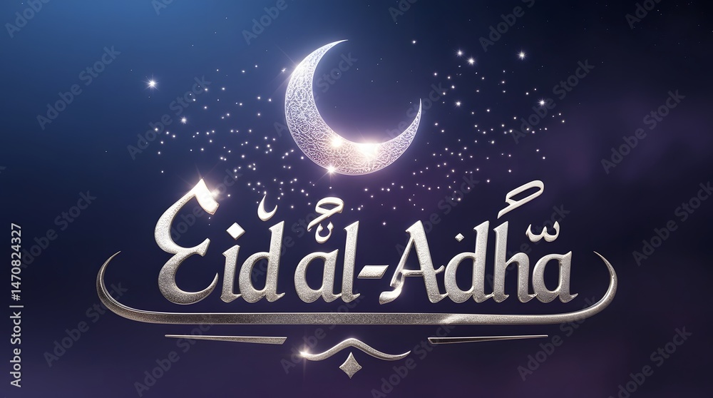Naklejka premium Mystical Eid al Adha Night Scene with Crescent and Stars. Eid al Adha greeting with glowing crescent moon and stars on a dreamy dark background with soft light rays.