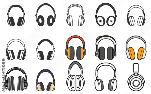 Collection of Differing Isolated Headphones Styles and Design Elements on White