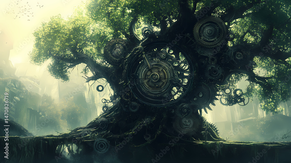 Obraz premium Whimsical clockwork tree guardian: a fusion of nature and mechanical art. [Mechanical Folklore] | Gearbound Ghost | haunted cog. Illustration