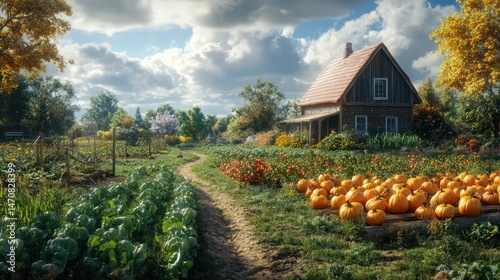 Autumn harvest at the farm, a cozy country home with pumpkin patch delight