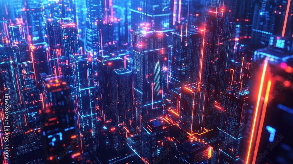 Fototapeta premium Futuristic cityscape illuminated by neon lights at night