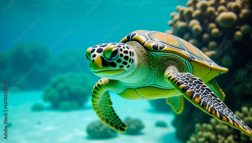 Obraz premium A turtle swimming in the ocean. The turtle is green and yellow. The ocean is blue. The turtle is swimming near some rocks