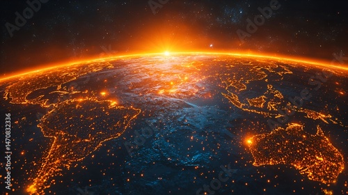 Earth at sunrise, city lights glowing.