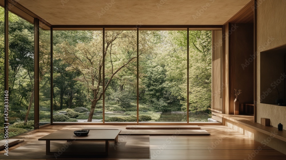 Fototapeta premium Serene modern living room with nature view through large windows